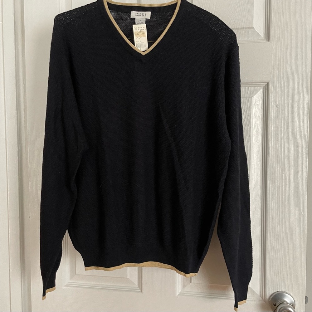 Barneys dark navy v-neck sweater with tan trim size small - Picture 1 of 7